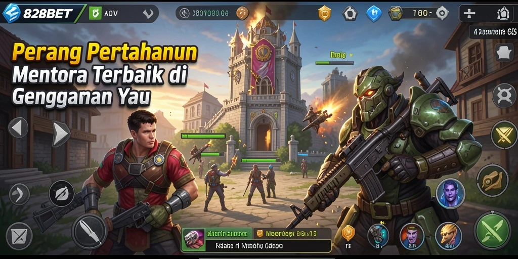 Tangkapan layar gameplay 828BET menunjukkan aksi menara pertahanan melawan gelombang musuh.