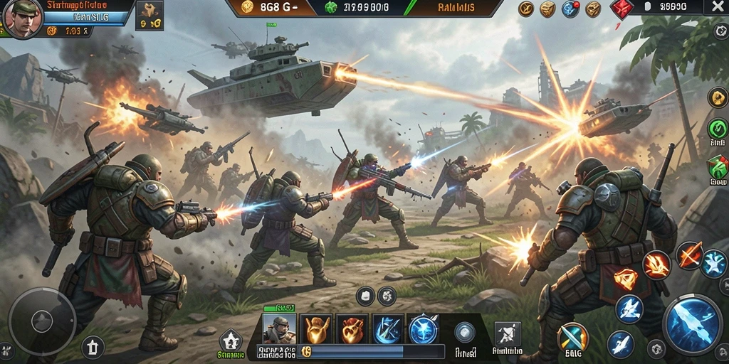 Screenshot gameplay 8G8G, menampilkan pertempuran dan strategi di medan perang.