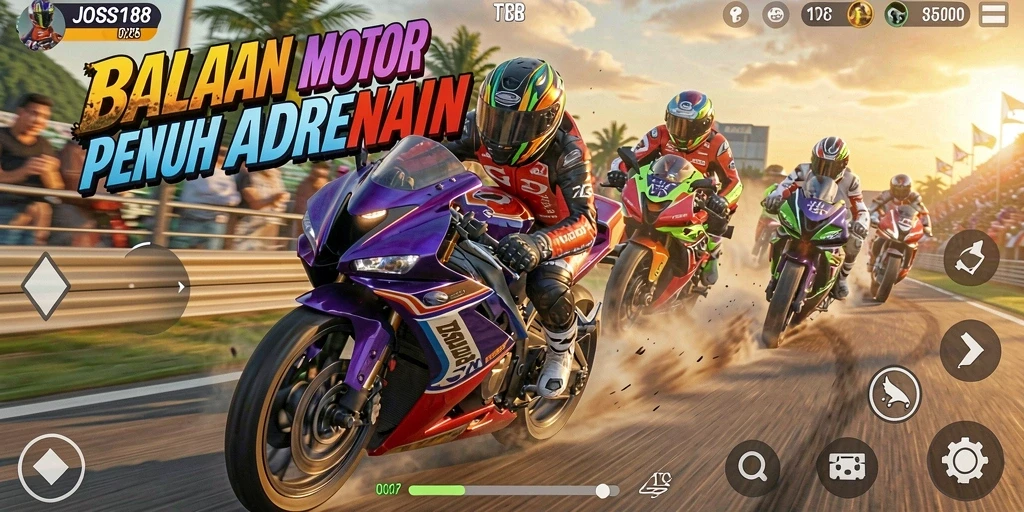 Screenshot gameplay <strong>JOSS188</strong> menampilkan balapan motor yang seru dan penuh aksi.