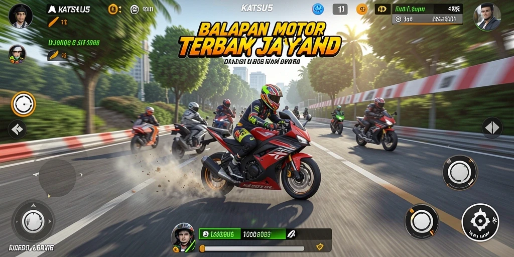Tampilan gameplay KATSU5 dengan motor balapan yang menegangkan.