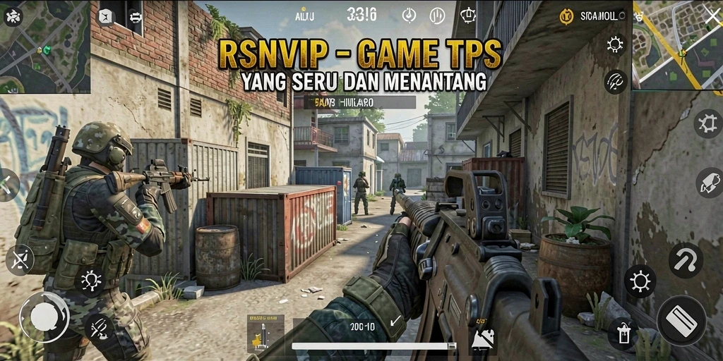 Screenshot gameplay RSNVIP menampilkan aksi pertempuran TPS yang mendebarkan.