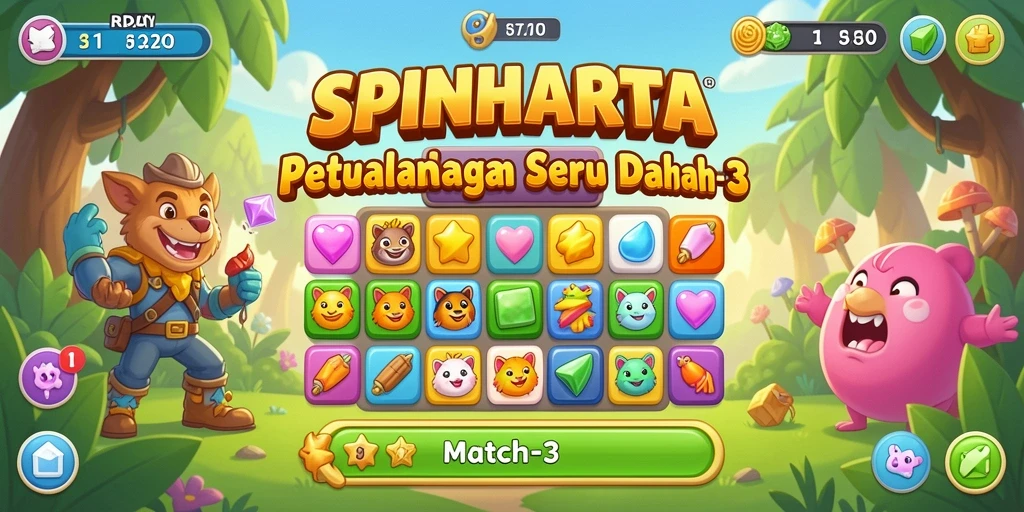 Screenshot gameplay SPINHARTA dengan suasana penuh warna.