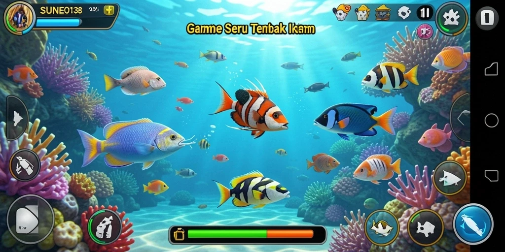 Tampilan gameplay SUNEO138 saat menembak ikan berwarna-warni.