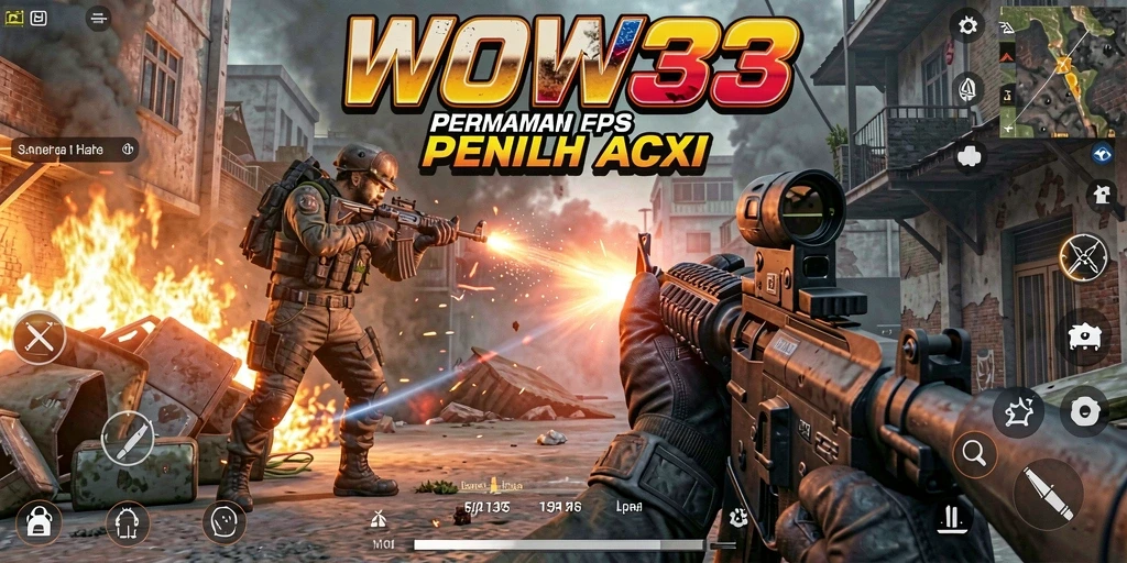 Screenshot utama WOW33 menampilkan aksi tembak-menembak yang seru.
