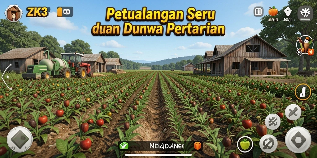 Screenshot gameplay ZK3 yang menampilkan suasana pertanian yang indah.